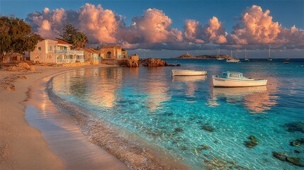 Obraz premium Golden light blending with pastel pink clouds over a serene bay, gentle ripples reflecting warm evening glow, tranquil and romantic mood