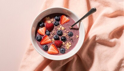 Berry smoothie bowl overhead - ultra realistic food photo