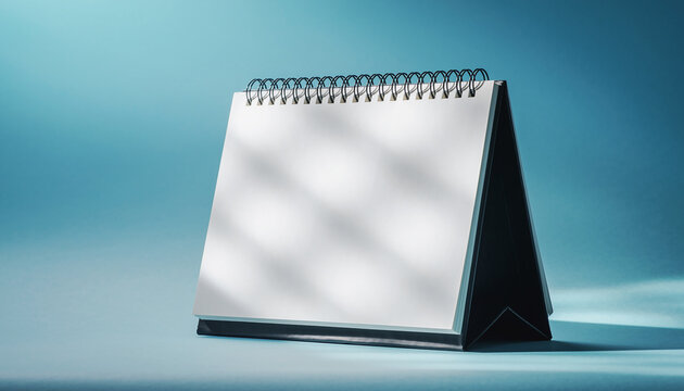 Blank Spiral Bound Desk Calendar with Shadow Patterns on Blue Background image photo
