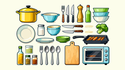 Kitchenware collection, cartoon hand-drawn vector illustrations, forks, spoons, bowls, chopsticks, POTS, basins, seasonings, microwave ovens, knives, stoves, ovens, aprons, gloves