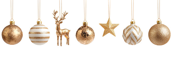 Elegant Array of Golden Holiday Ornaments Dangling on Invisible Strings Festive Background