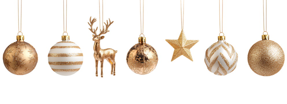 Elegant Array of Golden Holiday Ornaments Dangling on Invisible Strings Festive Background