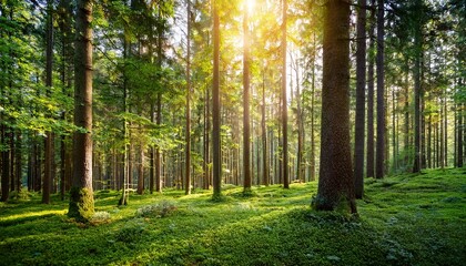 sunlit green forest floor with tall trees