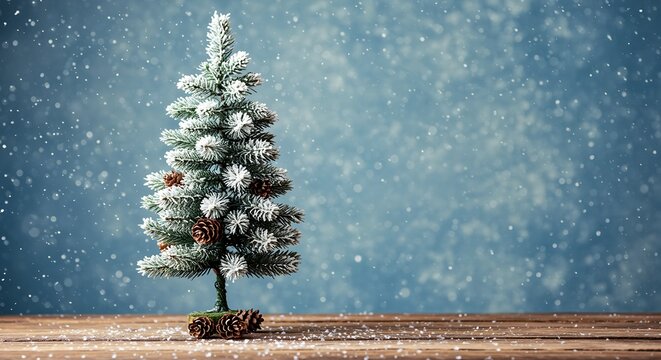 Miniature Christmas Tree Covered in Snow Flakes on Wooden Table
