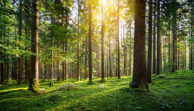 sunlit green forest floor with tall trees