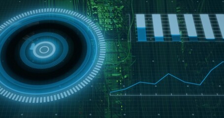 Rotating big circular HUD scanning digital dashboard, with bar chart and circuit traces, copy space