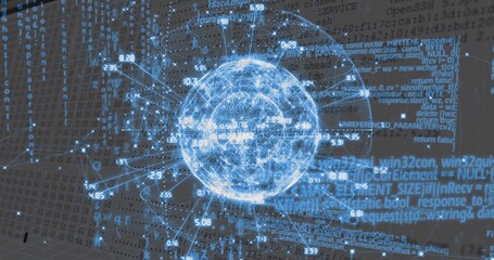 Projecting holographic data globe floating in virtual 3D space, showing glowing nodes and code