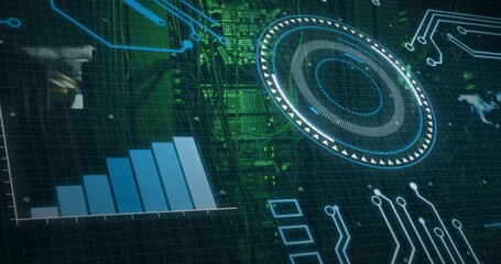 Displaying digital HUD overlay over data center racks, showing blue bar chart and circular gauge