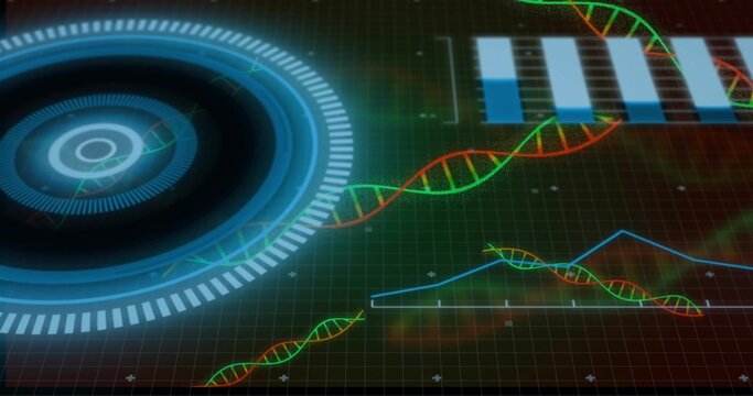 Displaying blue HUD dominating left on dark grid dashboard, showing DNA strands and polyline chart
