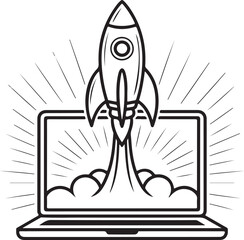 Rocket launching from laptop line art technology concept