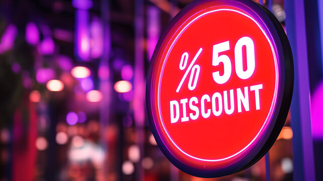 Eye catching 50 percent discount sign glowing bright in a vibrant, blurred urban night scene - Powered by Adobe