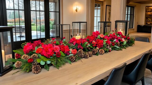 Elegant flowers, candles, and pinecones create a warm atmosphere for a memorable dining experience during the festive season