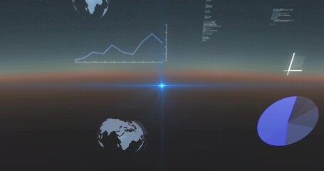 Displaying central blue flare and thin glowing horizon in virtual scene with charts, globes, code