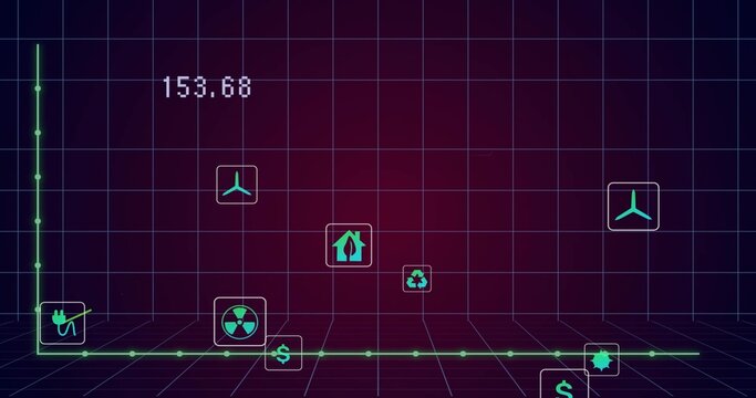 Displaying neon green 3D graph with nodes on tiled floor, showing cyan icon panels and 153 - Powered by Adobe