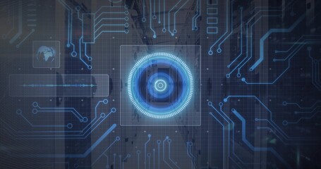 Projecting glowing blue concentric HUD target over city view, showing circuitry and waveform