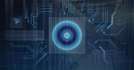 Glowing central HUD projecting concentric rings inside data center aisle, overlaying server racks