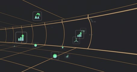 Glowing gold-grid tunnel receding to vanishing point in virtual corridor, with teal icons and nodes