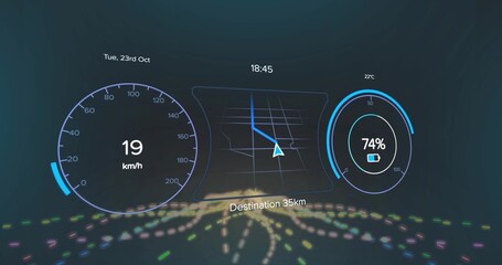 Projecting digital vehicle HUD showing navigation route inside cockpit, dest 35km, battery 74%