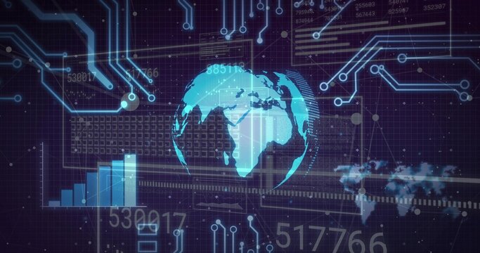 Displaying cyan globe floating above dark purple grid HUD, with circuit traces, bars, digits