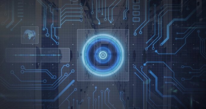 Projecting glowing blue concentric HUD target over city view, showing circuitry and waveform - Powered by Adobe