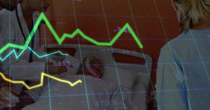 Leaning doctor checking patient in ward bed with stethoscope, in gown and O2 mask, data overlay - Powered by Adobe