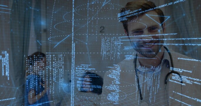 Smiling physician wearing lab coat and stethoscope standing in clinic corridor, holographic overlay