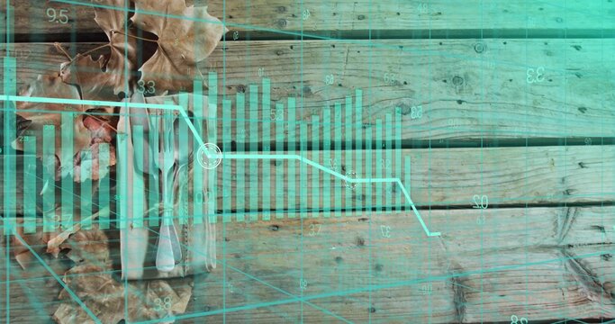 Displaying teal data overlay covering wooden plank tabletop, showing bars line leaves wrapped item