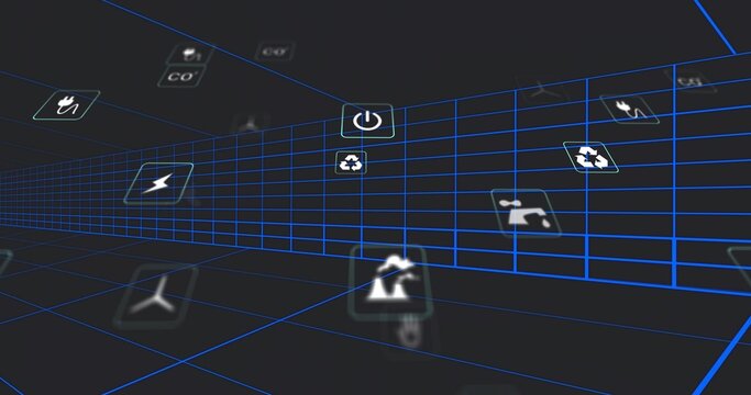 Glowing central neon-blue grid corridor drawing viewer into virtual 3D space, showing energy icons