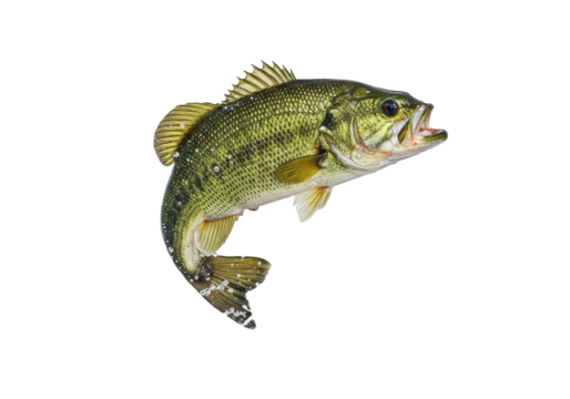 Majestic mature largemouth bass, muscular with iridescent green-gold scales, leaping in an S-curve amidst frozen water droplets on a transparent studio background, high-energy athleticism