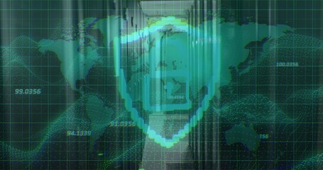 Fototapeta premium Glowing centered pixel shield overlaying datacenter corridor, with world map grid and padlock-door