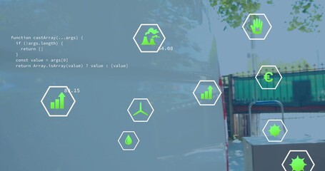 Displaying hexagonal environmental data icons and white code overlay over outdoor yard near fence