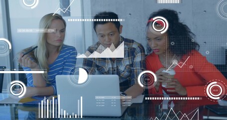 Analyzing team in red blazer, striped top at silver laptop holding coffee cup showing data overlays