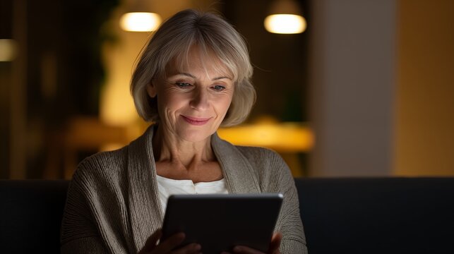 Senior woman using digital tablet at night, warm home lighting