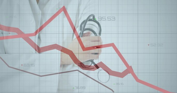Holding stethoscope, female doctor showing data grid overlay at clinic in white coat with red lines - Powered by Adobe