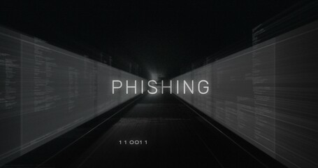 Floating centered PHISHING word glowing above cyber corridor, with binary 110011 code panels