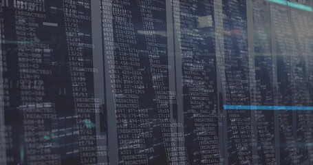 Showing server racks with glass doors in data center aisle, displaying console overlay [REDACTED]