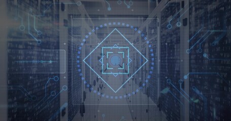 Projecting HUD target floating over datacenter aisle, showing server racks, LEDs