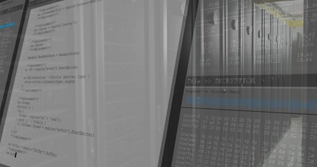 Displaying monitors showing source code, FileENCRYPTION progressbar and hex dump at server racks