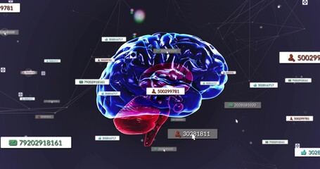 Showing 3D brain centered and rotating in digital space with data tags, badges, network and cursor