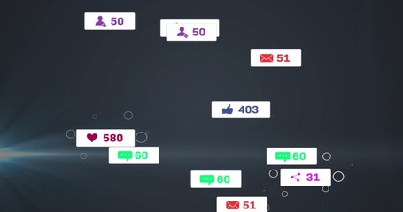 Floating white notification badges showing follower 50, like 580, comment 60 on dark dashboard