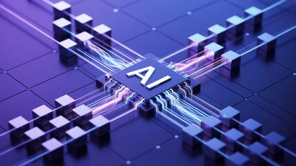 Obraz premium Close up of a ai chip with glowing connections on a grid background in shades of blue and purple