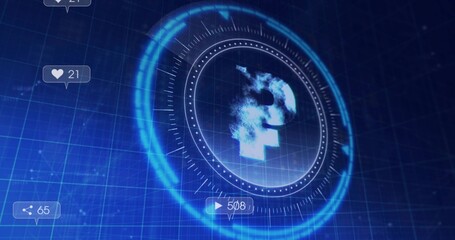 Projecting ringed HUD over blue grid plane, showing fragmented currency symbol and social badges