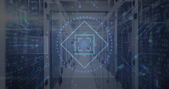 Projecting HUD target floating over datacenter aisle, showing server racks, LEDs