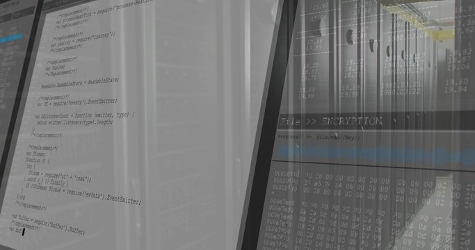 Displaying monitors showing source code, FileENCRYPTION progressbar and hex dump at server racks