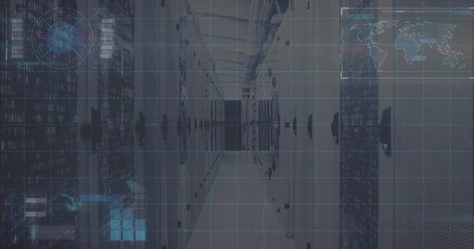 Drawing central server racks and aisle toward vanishing point in data center aisle, with LED bars