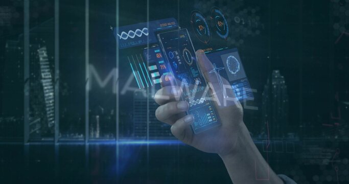 Gripping right hand manipulating transparent phone in lab tower, showing cuff and holograms