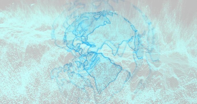 Rotating stylized blue globe showing contour lines and particle streams in abstract data field
