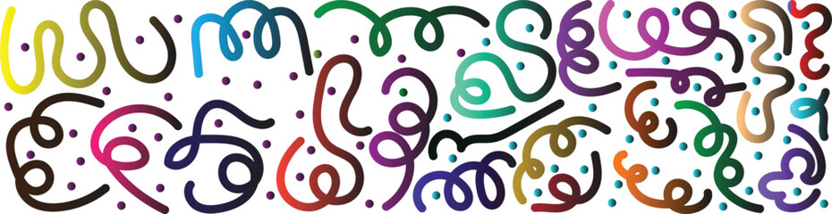 Colorful abstract squiggle line art pattern with playful curved strokes on a white background. Creative decorative doodle style design for modern graphics, wallpapers, posters, and artistic branding.