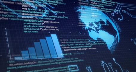 Displaying analytics dashboard projecting data flow on dark grid backdrop, with globe, bars, code