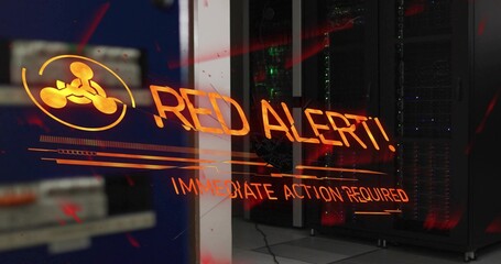 Glowing holographic RED ALERT warning floating on glass in server room, showing biohazard icon